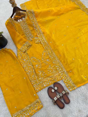 Yellow color designer pure gmy silk sequins embroidered work readymade suit 4