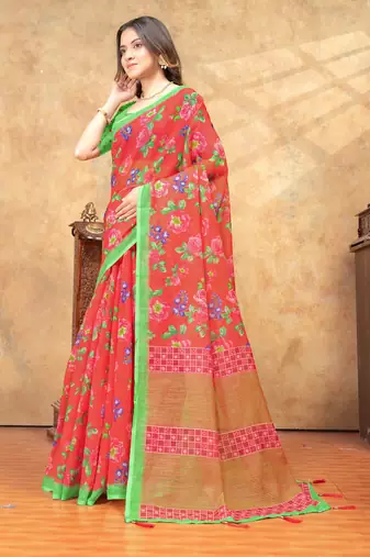 Orange printed art silk designer pallu saree