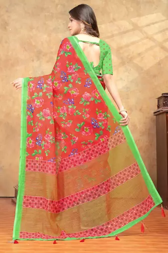 Orange printed art silk designer pallu saree
