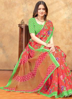 Orange printed art silk designer pallu saree 4