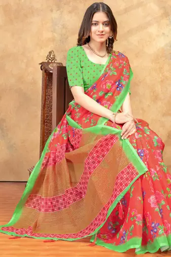 Orange printed art silk designer pallu saree