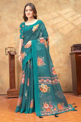 Teal printed art silk designer pallu saree