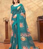 Teal printed art silk designer pallu saree