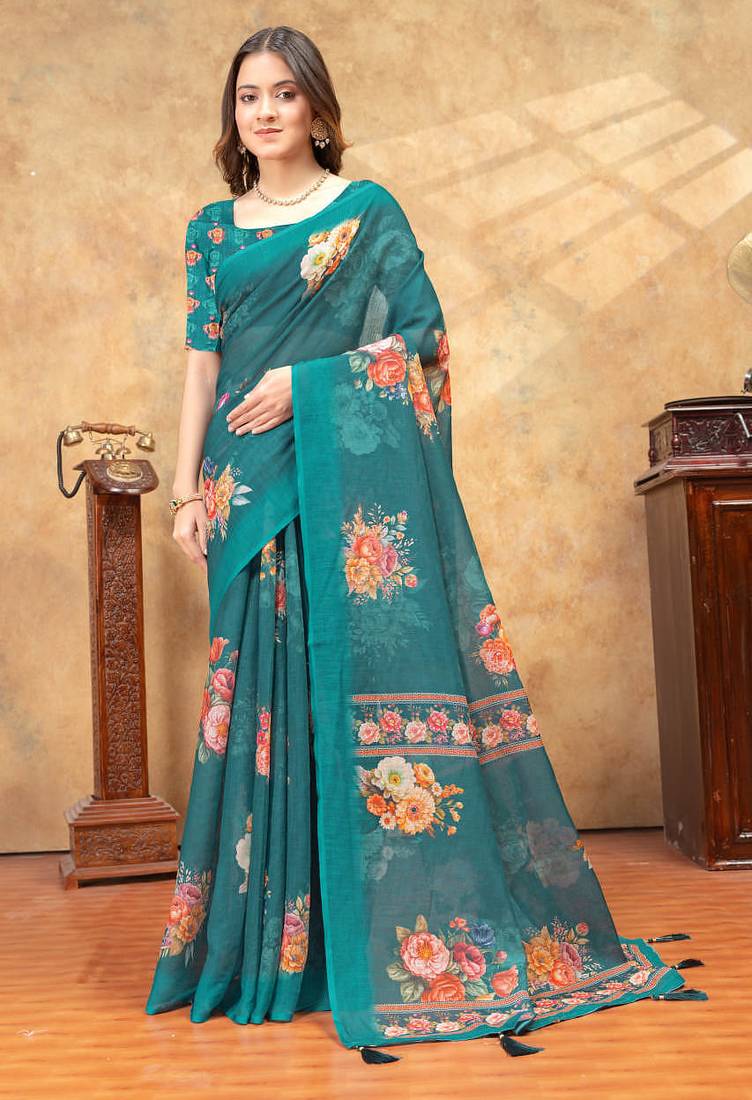 Teal printed art silk designer pallu saree