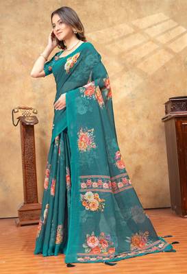 Teal printed art silk designer pallu saree 2