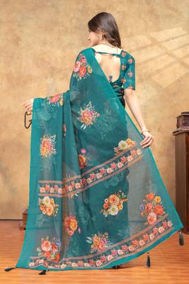 Teal printed art silk designer pallu saree 3