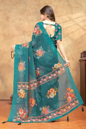 Teal printed art silk designer pallu saree