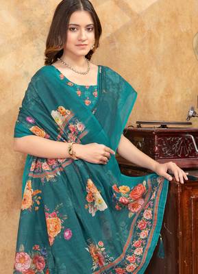Teal printed art silk designer pallu saree 4
