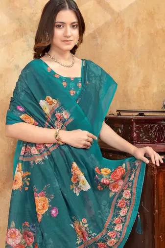 Teal printed art silk designer pallu saree