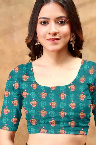 Teal printed art silk designer pallu saree