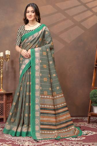 Grey printed art silk designer pallu saree