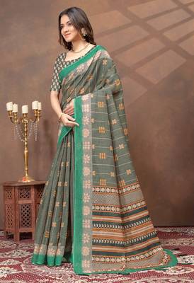 Grey printed art silk designer pallu saree 2