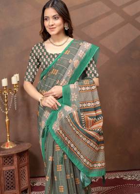 Grey printed art silk designer pallu saree 4