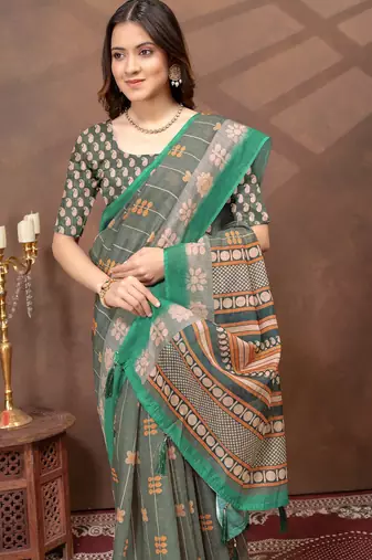 Grey printed art silk designer pallu saree