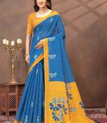 Teal printed art silk designer pallu saree