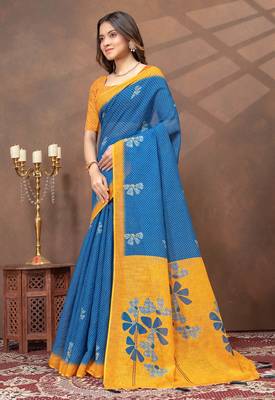Teal printed art silk designer pallu saree 2