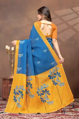 Teal printed art silk designer pallu saree