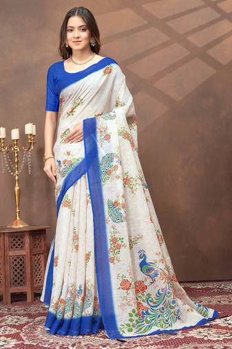 White printed art silk designer pallu saree