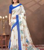 White printed art silk designer pallu saree