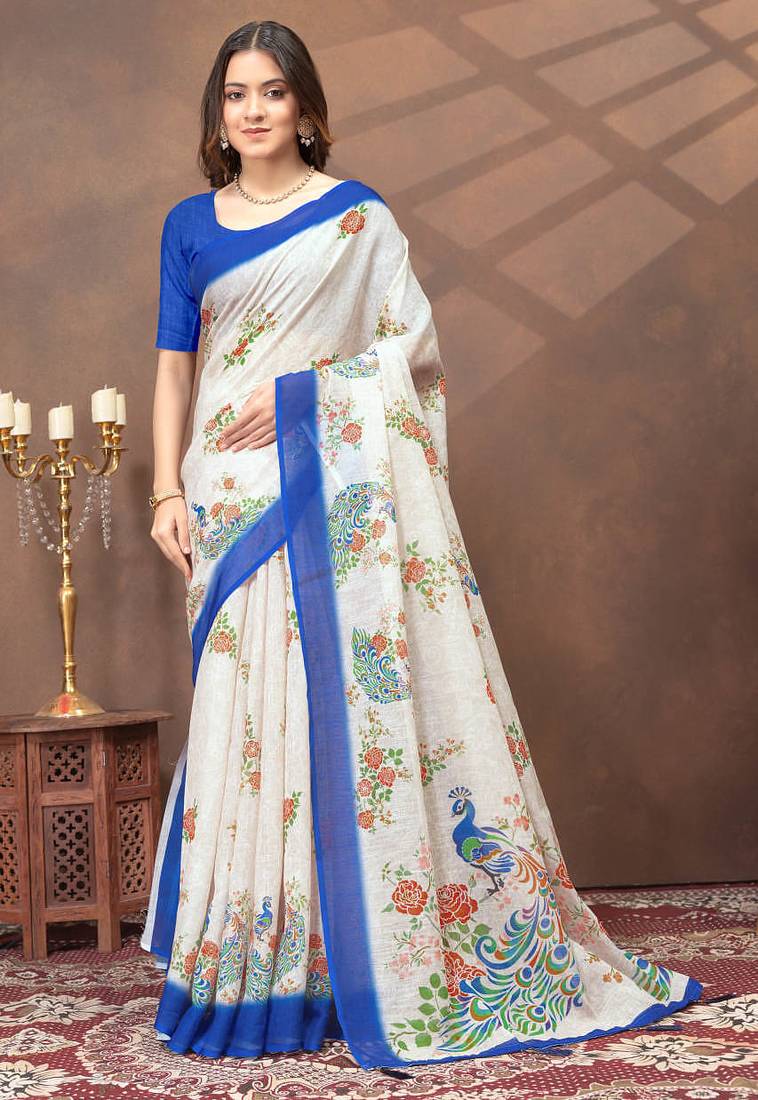 White printed art silk designer pallu saree