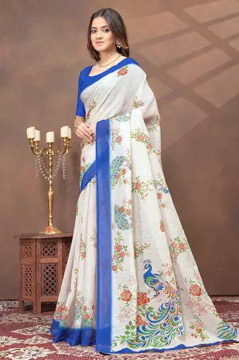 White printed art silk designer pallu saree