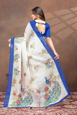 White printed art silk designer pallu saree 3
