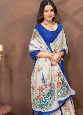 White printed art silk designer pallu saree 4