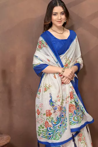 White printed art silk designer pallu saree