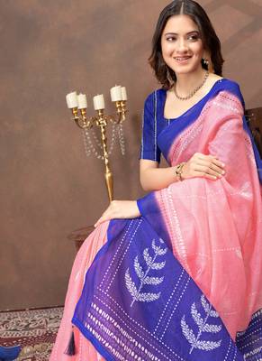 Peach printed art silk designer pallu saree 4