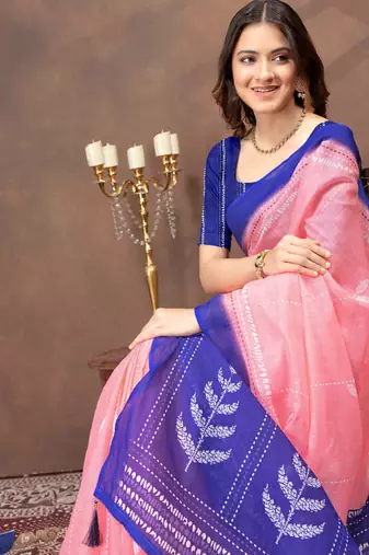 Peach printed art silk designer pallu saree
