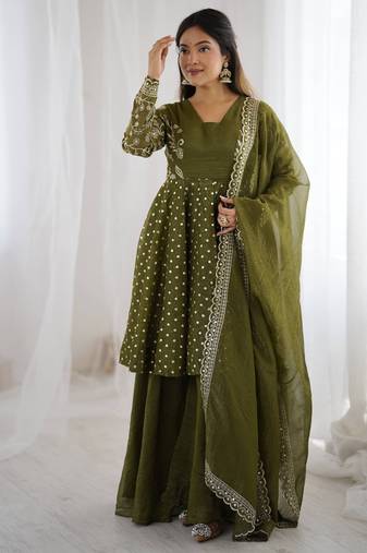 Mehendi green color designer crunchy silk sequins embroidered work readymade suit