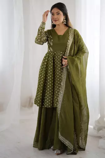 Mehendi green color designer crunchy silk sequins embroidered work readymade suit