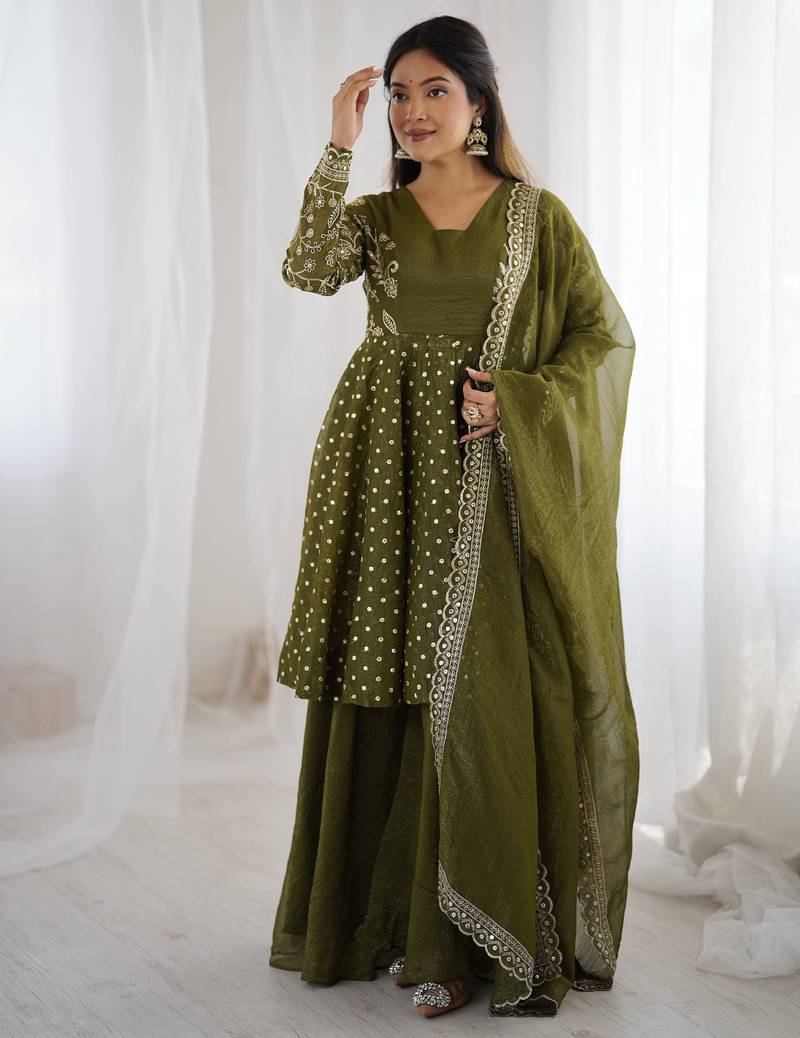 Mehendi green color designer crunchy silk sequins embroidered work readymade suit