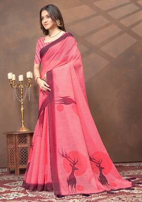 Pink printed art silk designer pallu saree 2