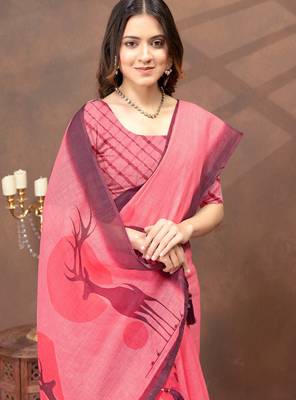 Pink printed art silk designer pallu saree 4