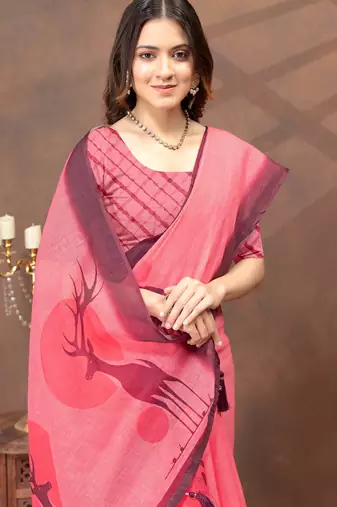 Pink printed art silk designer pallu saree