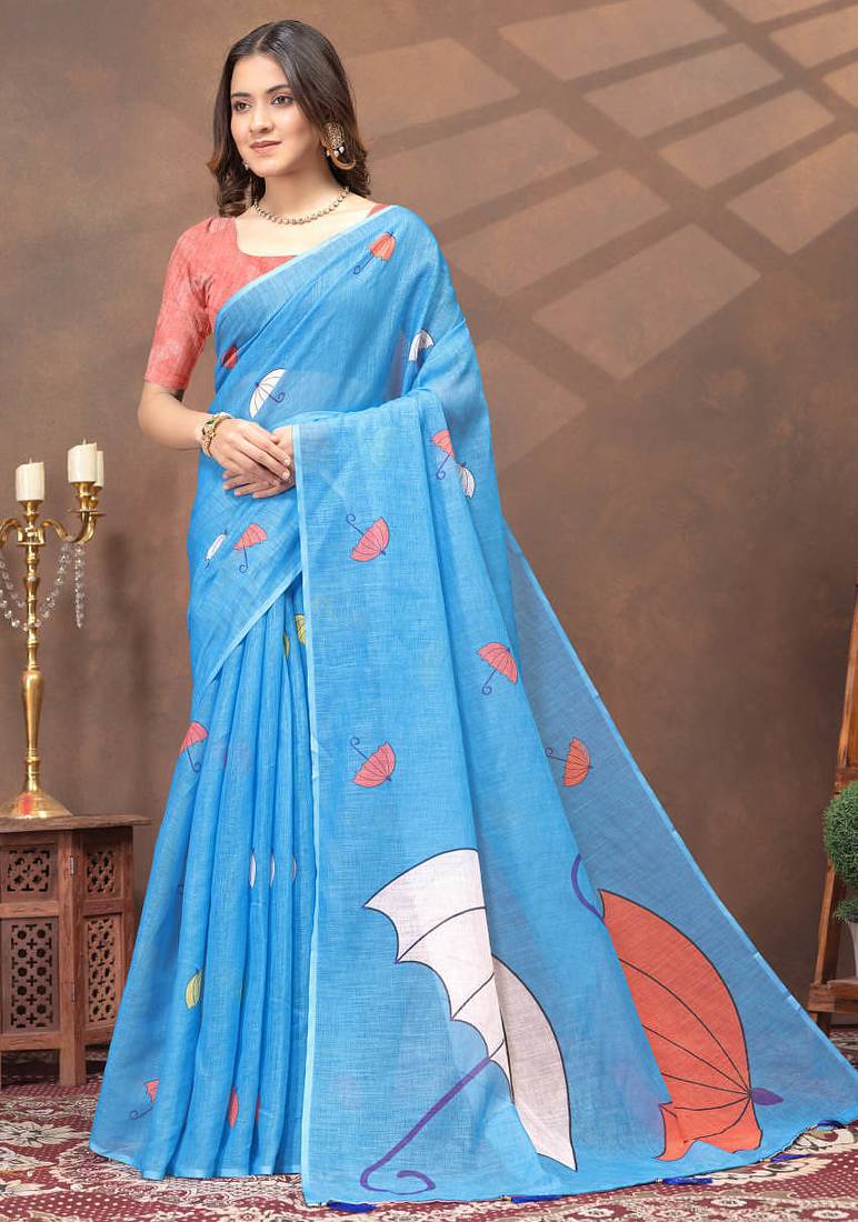 Sky blue printed art silk designer pallu saree
