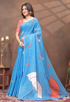 Sky blue printed art silk designer pallu saree 2