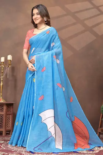 Sky blue printed art silk designer pallu saree