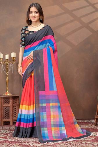 Multicolor printed art silk designer pallu saree