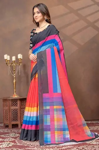 Multicolor printed art silk designer pallu saree