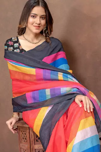 Multicolor printed art silk designer pallu saree