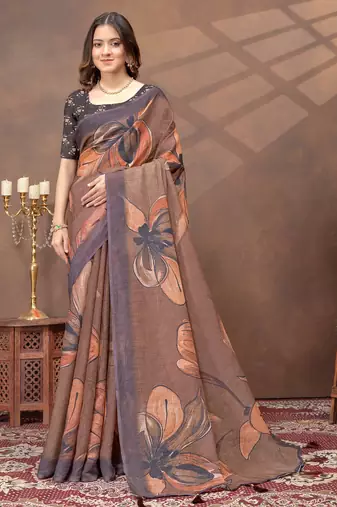 Brown printed art silk designer pallu saree