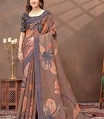 Brown printed art silk designer pallu saree
