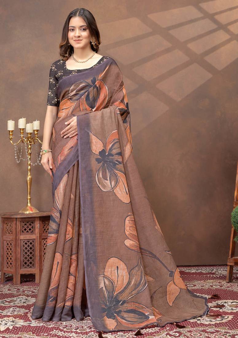 Brown printed art silk designer pallu saree
