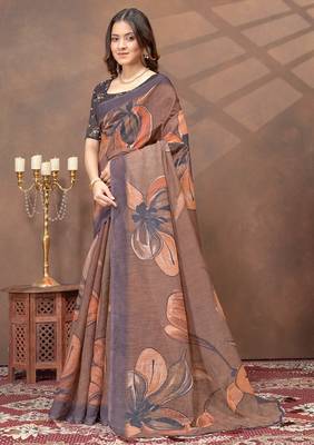 Brown printed art silk designer pallu saree 2