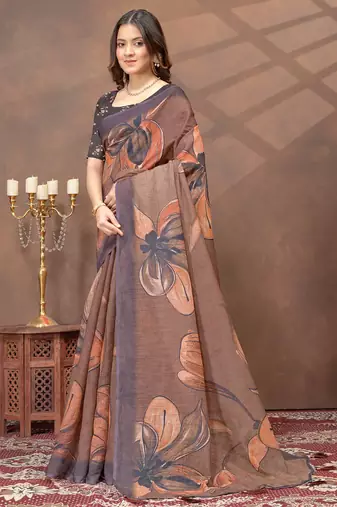 Brown printed art silk designer pallu saree