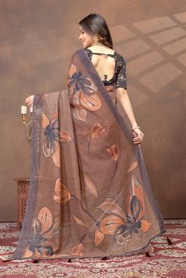 Brown printed art silk designer pallu saree 3