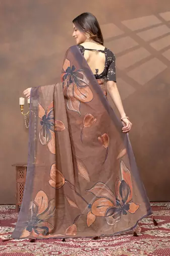 Brown printed art silk designer pallu saree