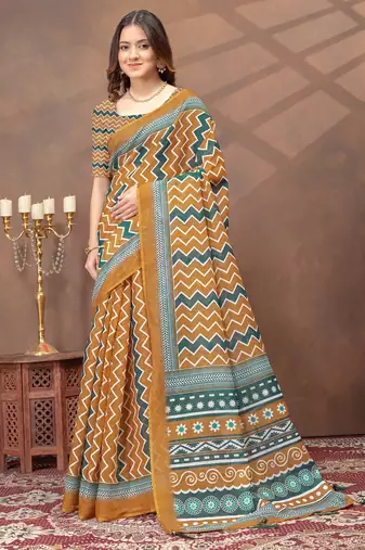 Mustard printed art silk designer pallu saree